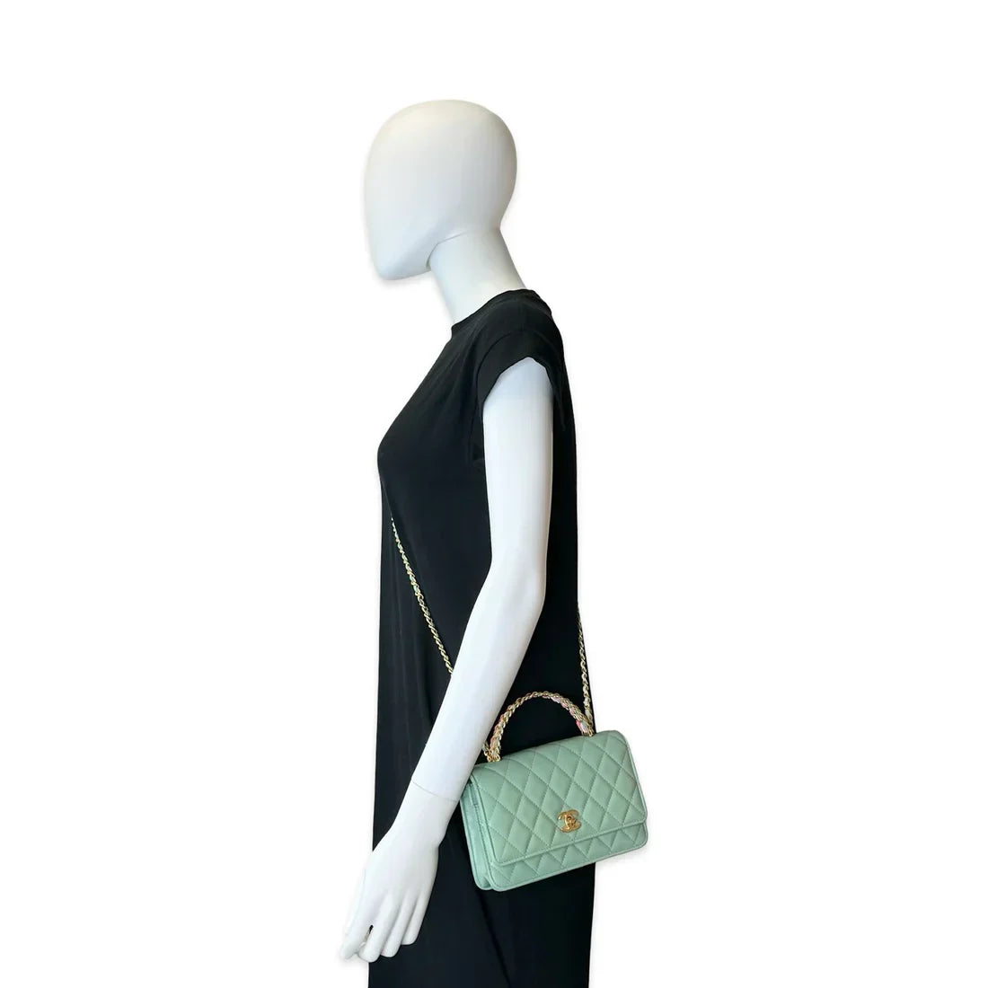 CHANEL Quilted Lambskin Logo Top Handle Wallet on Chain