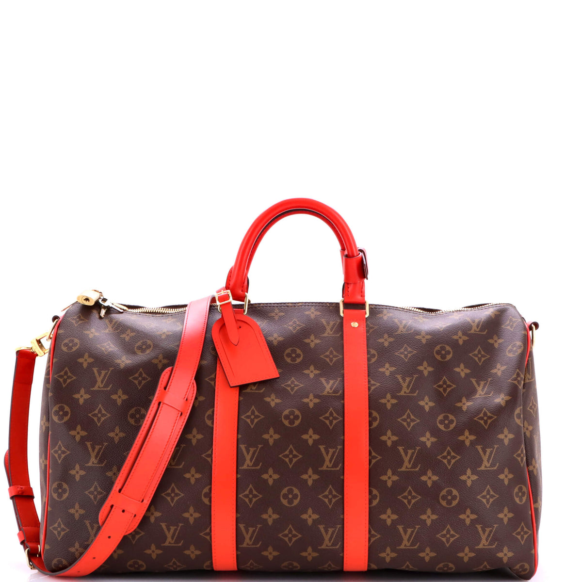 Louis Vuitton Keepall Bandouliere Bag Monogram Canvas with Coquelicot Leather Trim 50