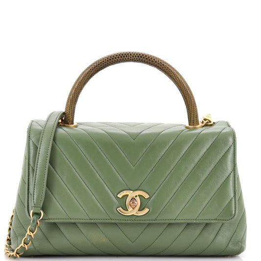 Chanel Coco Top Handle Bag Chevron Calfskin with Lizard Small