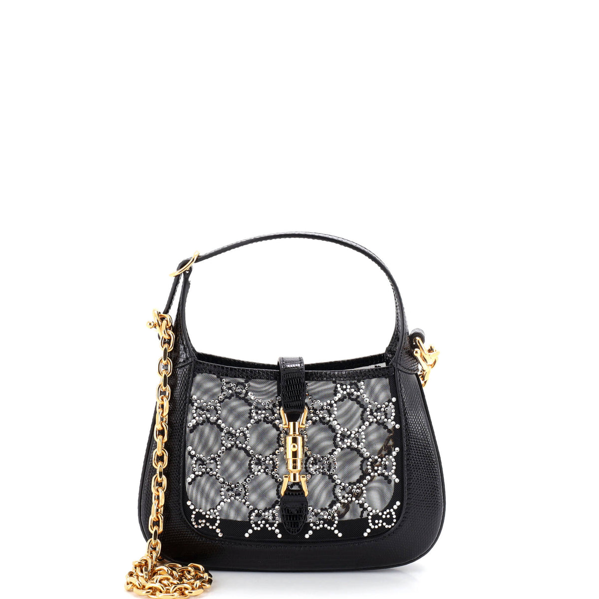 Gucci Jackie 1961 Chain Hobo Crystal GG Embellished Mesh with Lizard Mini