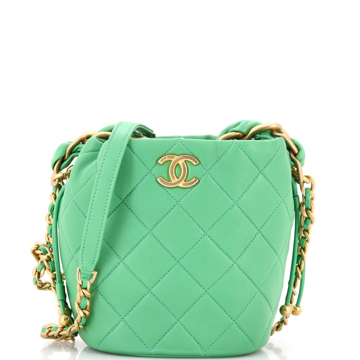 Chanel Entwined Chain Top Handle Drawstring Bucket Bag Quilted Shiny Lambskin Small
