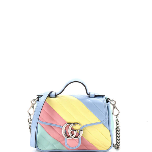 Gucci GG Marmont Top Handle Flap Bag Diagonal Quilted Leather Mini
