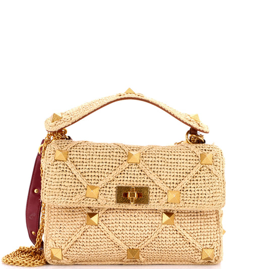 Valentino Garavani Roman Stud Flap Bag Woven Raffia Medium