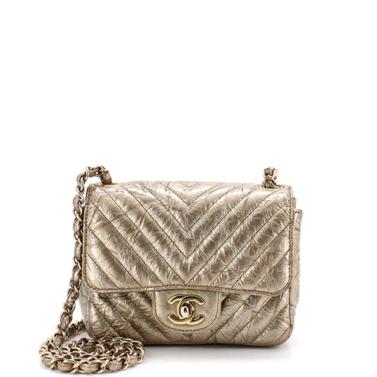 Chanel Square Classic Single Flap Bag Chevron Crumpled Metallic Patent Mini