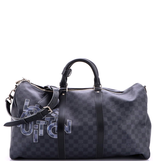 Louis Vuitton Keepall Bandouliere Bag Limited Edition Interlinked Logo Damier Graphite 50