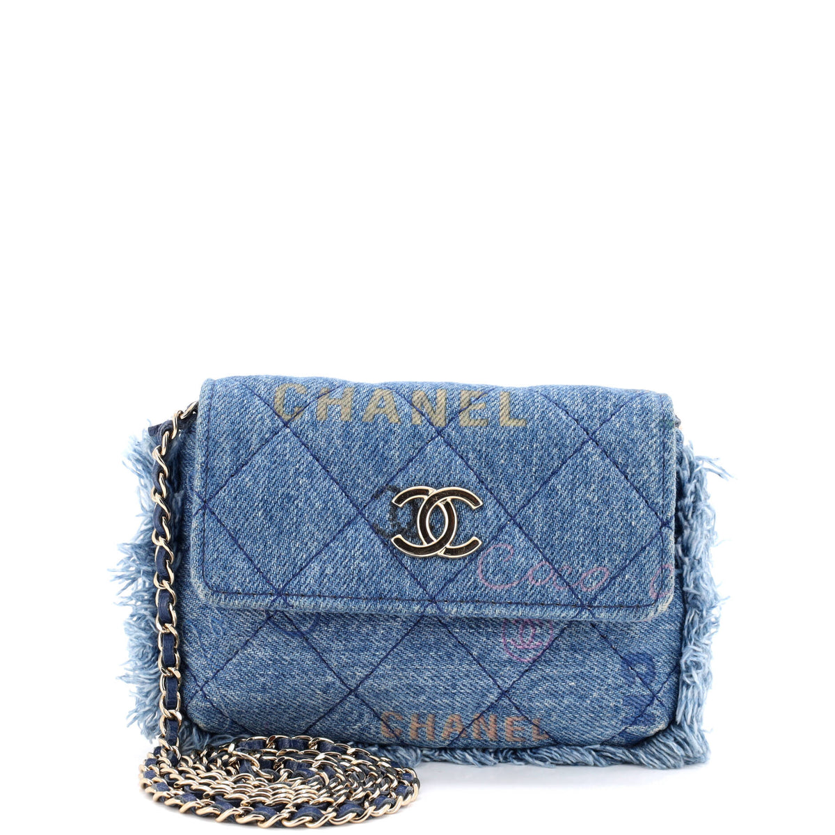 Chanel Denim Mood Flap Clutch with Chain Logo Printed Quilted Fringe Denim