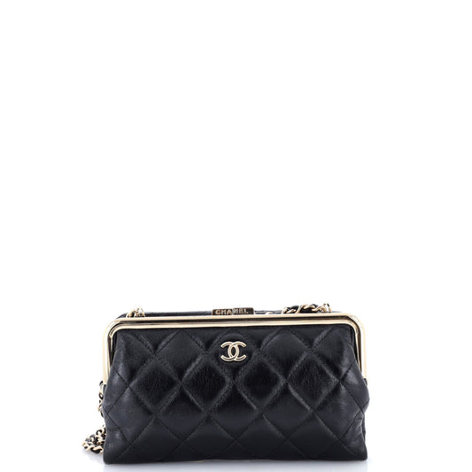 Chanel Logo Clasp Frame Clutch with Chain Quilted Lambskin Small