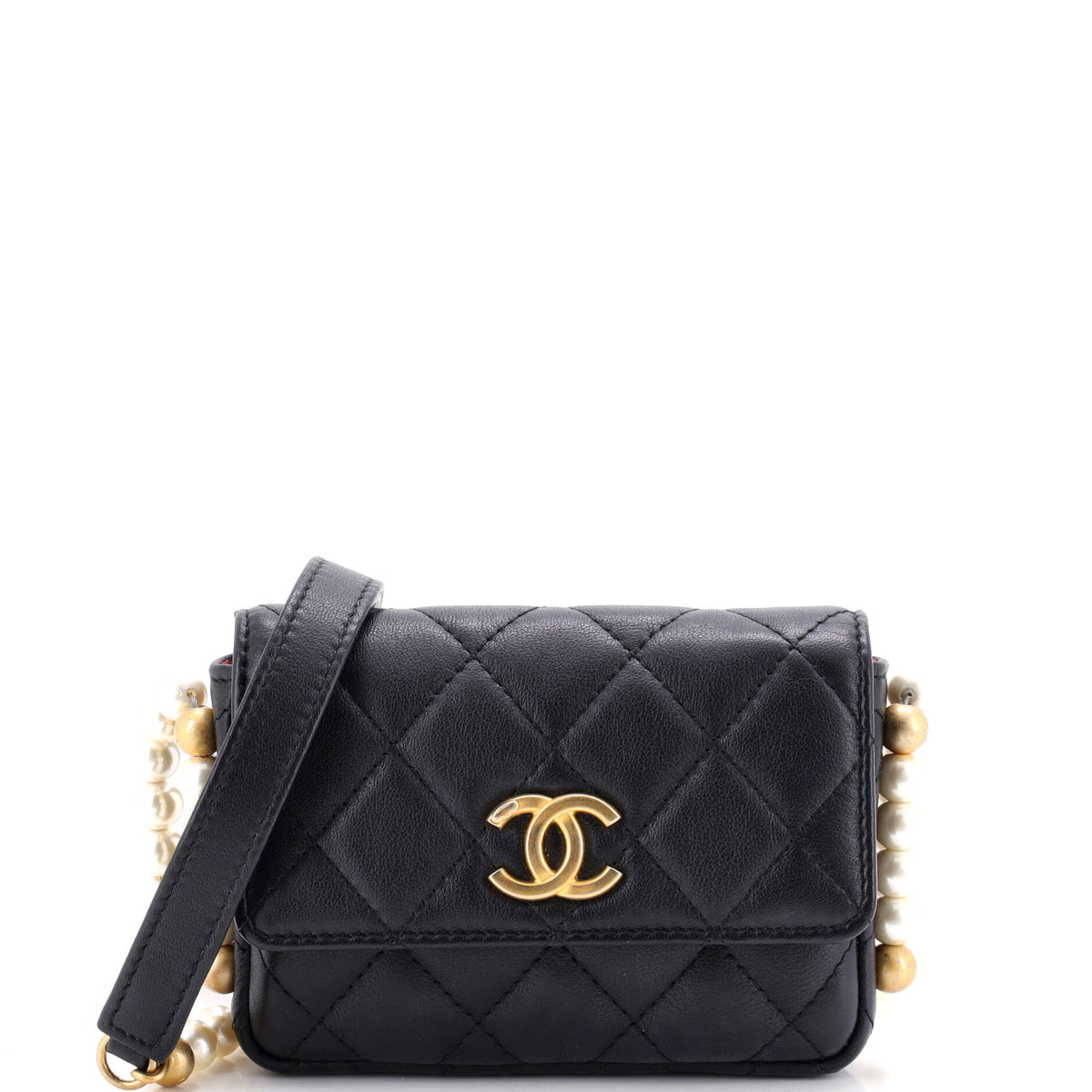 Chanel About Pearls Flap Card Holder with Chain Quilted Calfskin