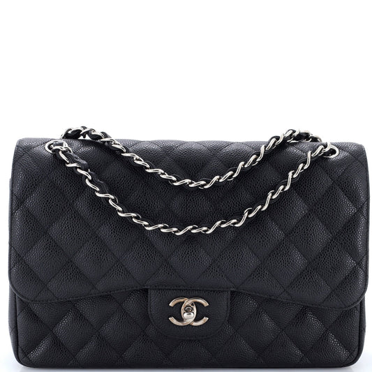 Chanel Vintage Classic Double Flap Bag Quilted Caviar Jumbo