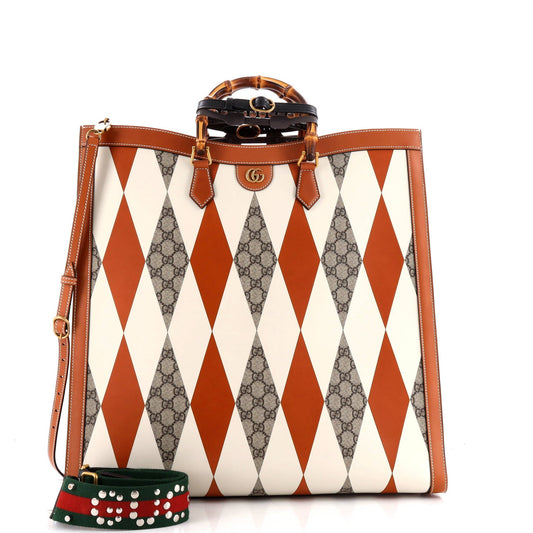 Gucci Diana NM Bamboo Handle Tote Rhombus GG Coated Canvas with Leather Large