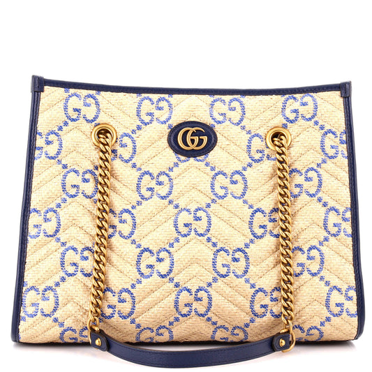 Gucci GG Marmont Aria Chain Shopping Tote Jumbo GG Matelasse Raffia Medium
