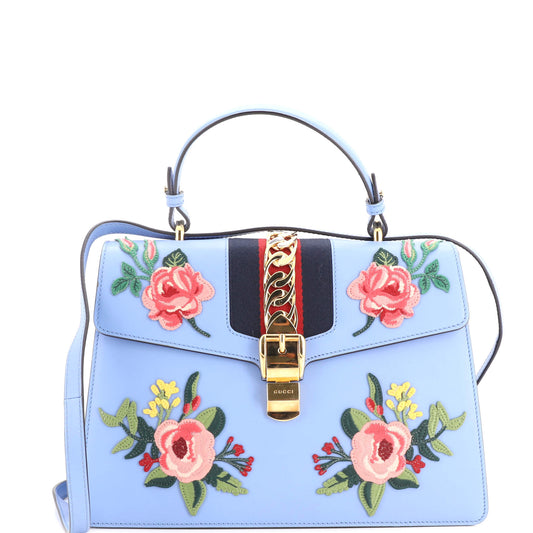 Gucci Sylvie Top Handle Bag Embroidered Leather Medium
