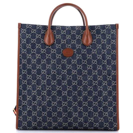 Gucci Interlocking G Patch Web Strap Convertible Tote GG Denim Tall