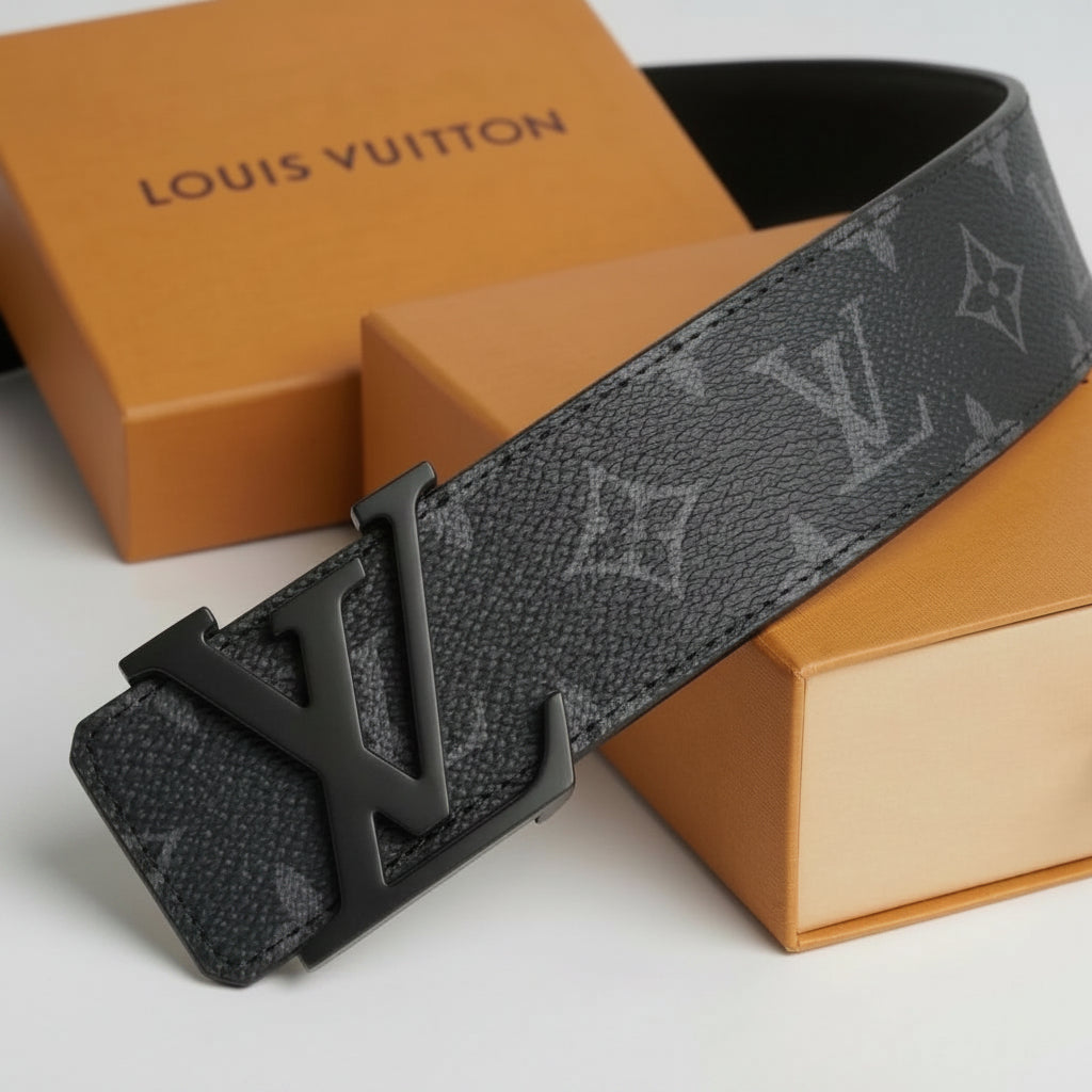 Louis Vuitton Monogram Eclipse Reversible Initials Black Leather Belt