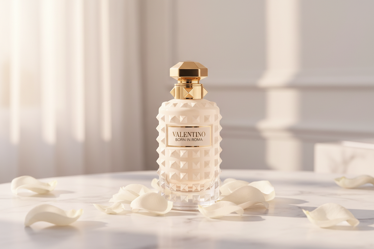 Valentino Donna Born in Roma Ivory lifestyle shot with white roses