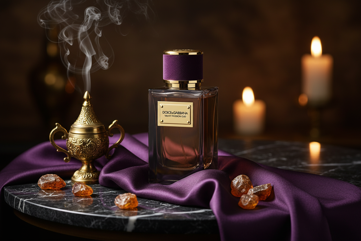 Dolce & Gabbana Velvet Passion Oud on black marble with purple silk and gold incense burner