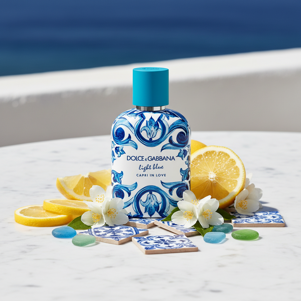 Dolce & Gabbana Light Blue Capri in Love with lemon and flowers on marble