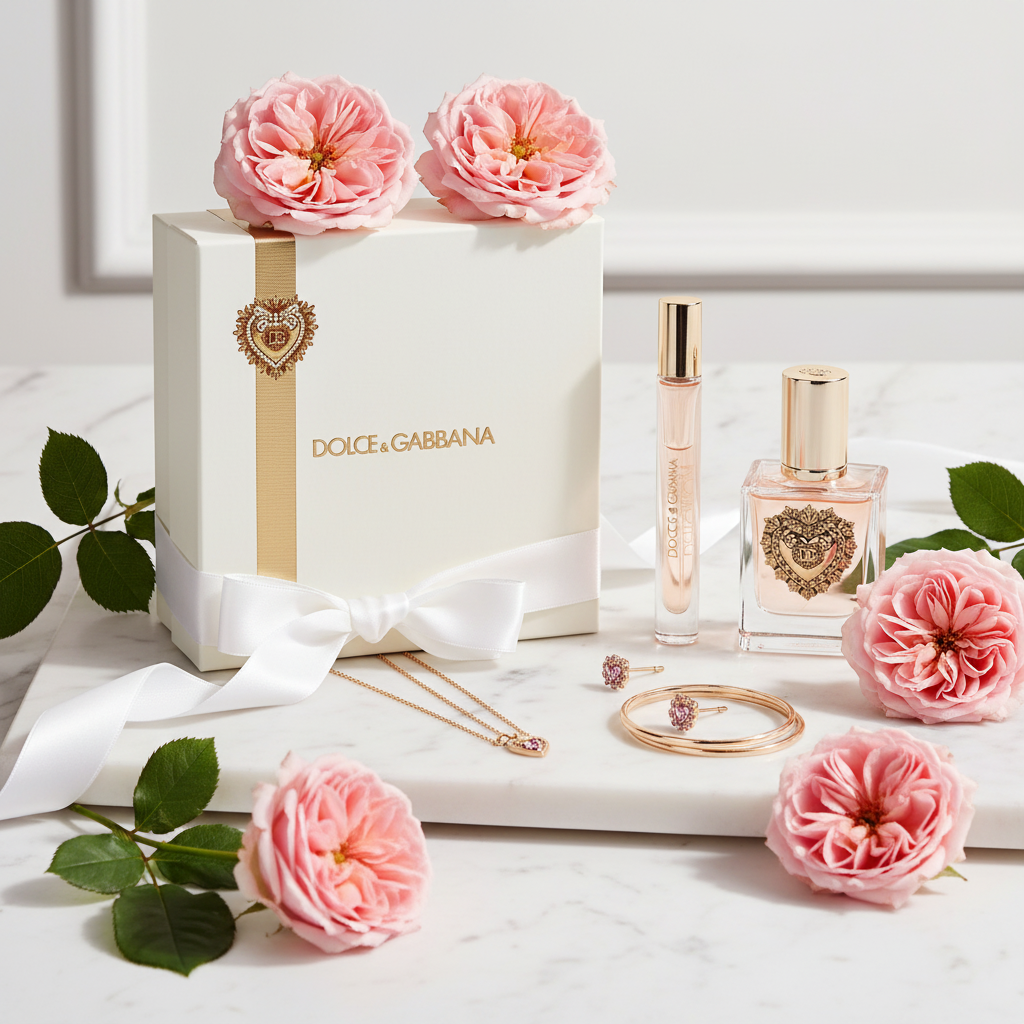 Dolce & Gabbana Devotion Gift Set with pink roses on marble