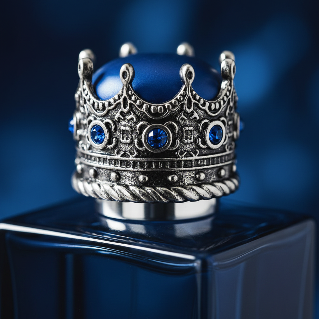 Close-up of K by Dolce & Gabbana ornate silver crown cap with sapphire gemstones