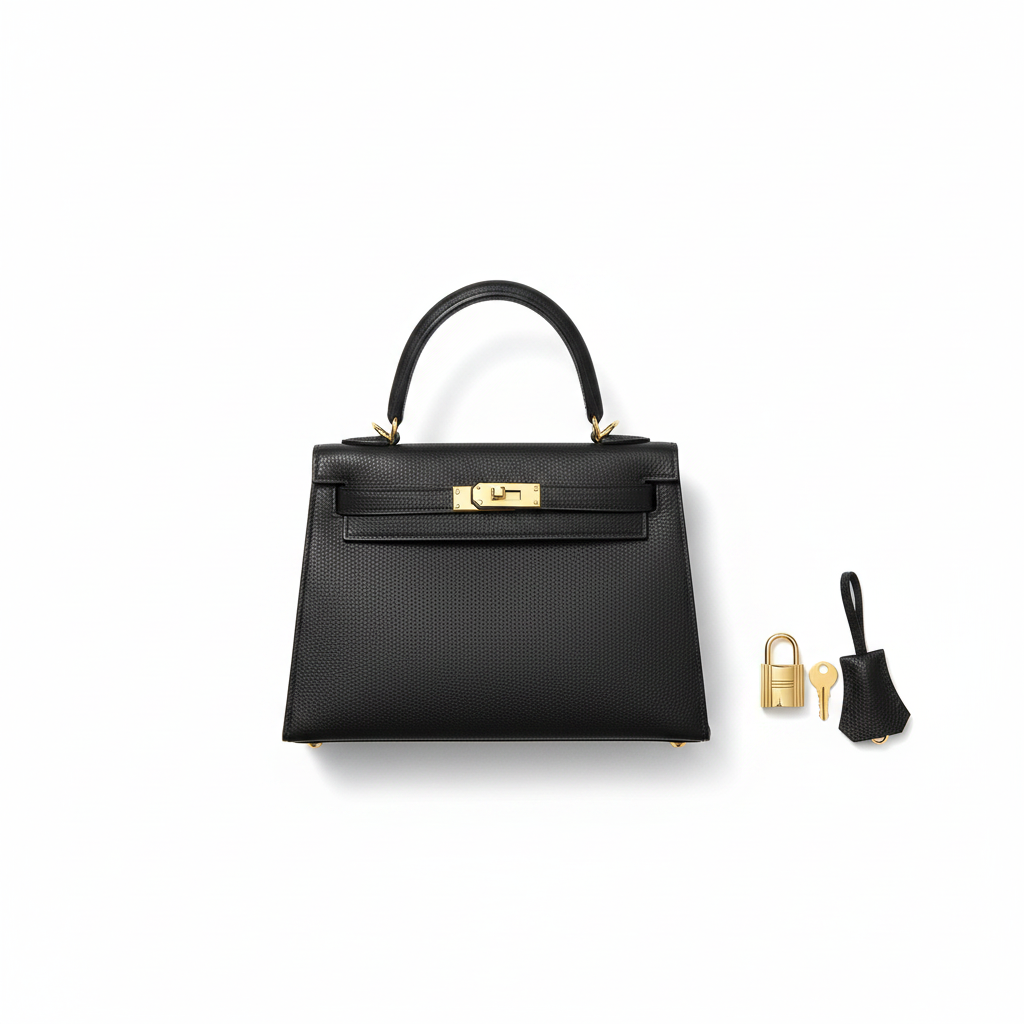 Hermes Kelly 25 Black Epsom Gold Hardware - Flat Lay