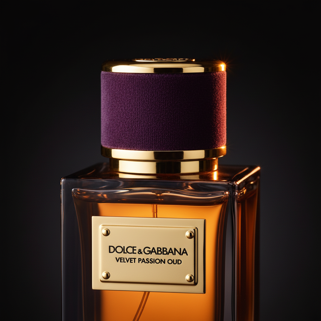 Close-up of Dolce & Gabbana Velvet Passion Oud purple velvet cap and smoky amber glass