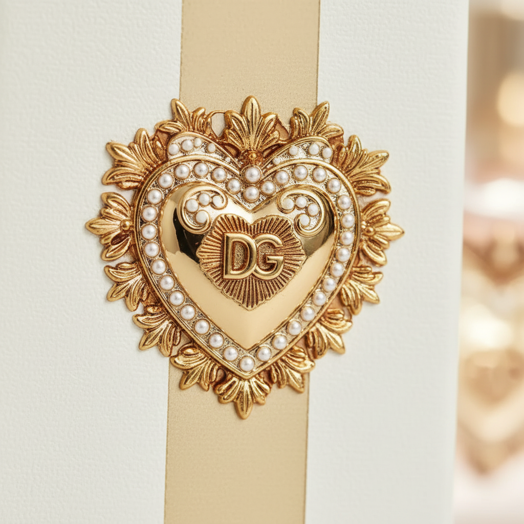 Close-up of Dolce & Gabbana Devotion gold sacred heart emblem on gift box