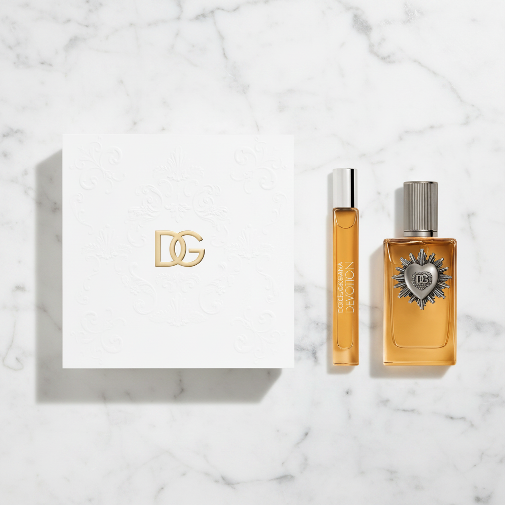 Devotion Gift Set Flat Lay on White Marble
