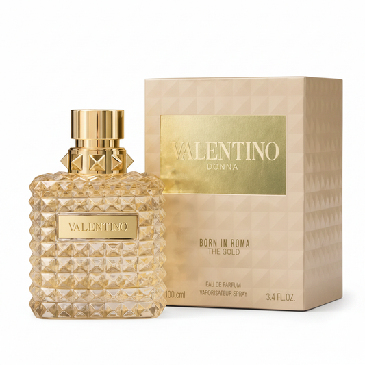 Valentino Donna Born in Roma The Gold bottle and box front view