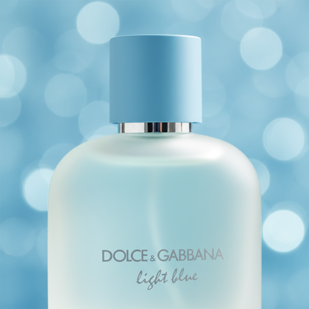 Close-up of Dolce & Gabbana Light Blue Pour Homme frosted glass and blue cap