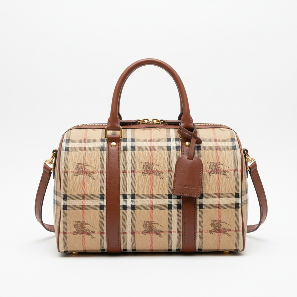Burberry Vintage Boston Bag Haymarket Coated Canvas - Front View