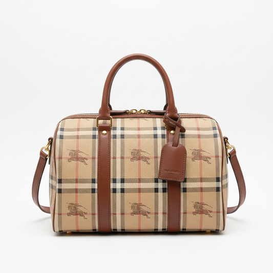 Burberry Vintage Boston Bag Haymarket Coated Canvas - Front View