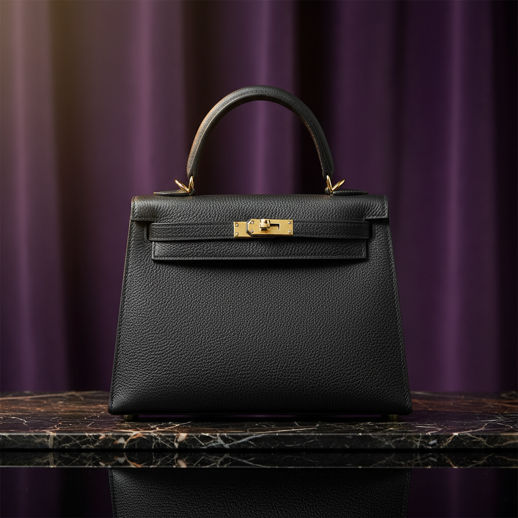 Hermes Kelly 25 Black Epsom Gold Hardware - Front View