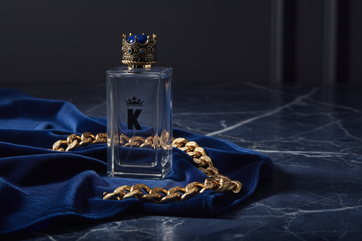 K by Dolce & Gabbana EDT on navy marble with royal blue velvet