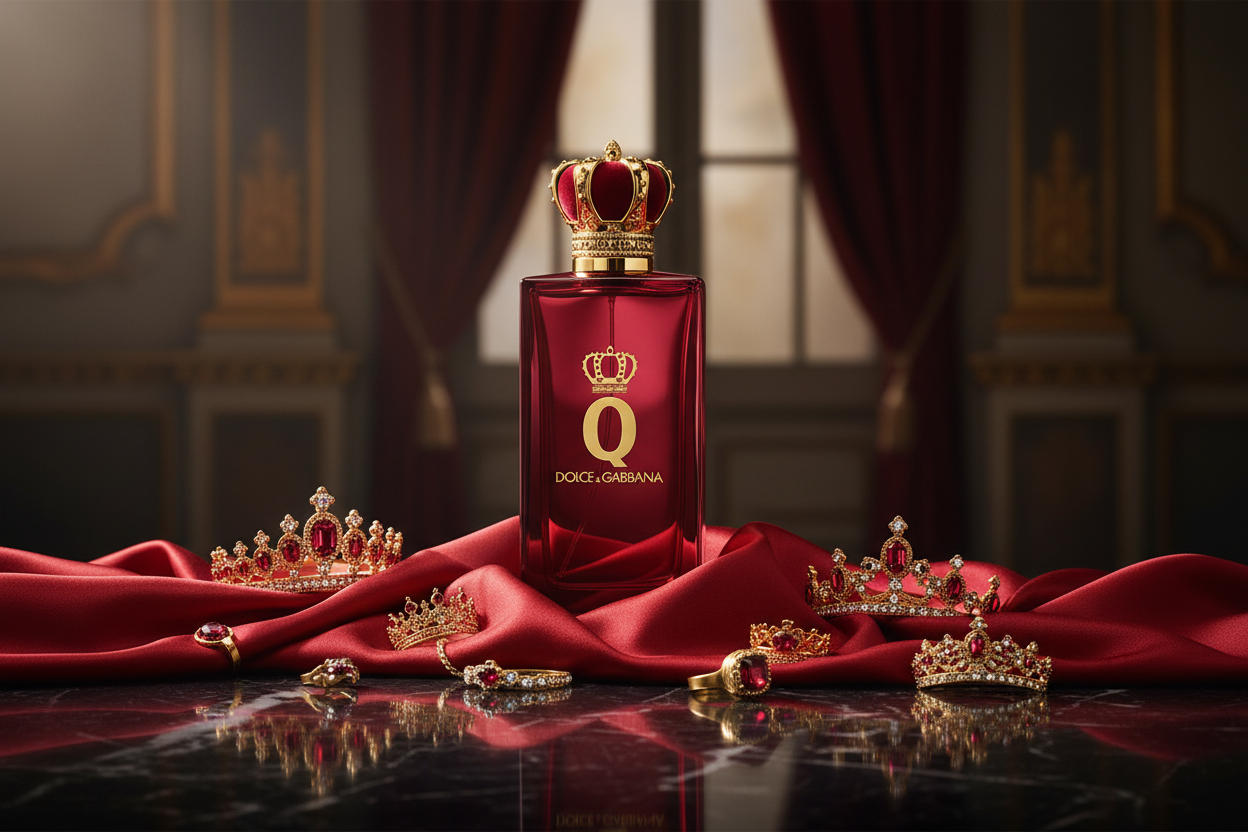 Q by Dolce & Gabbana on black marble with red silk