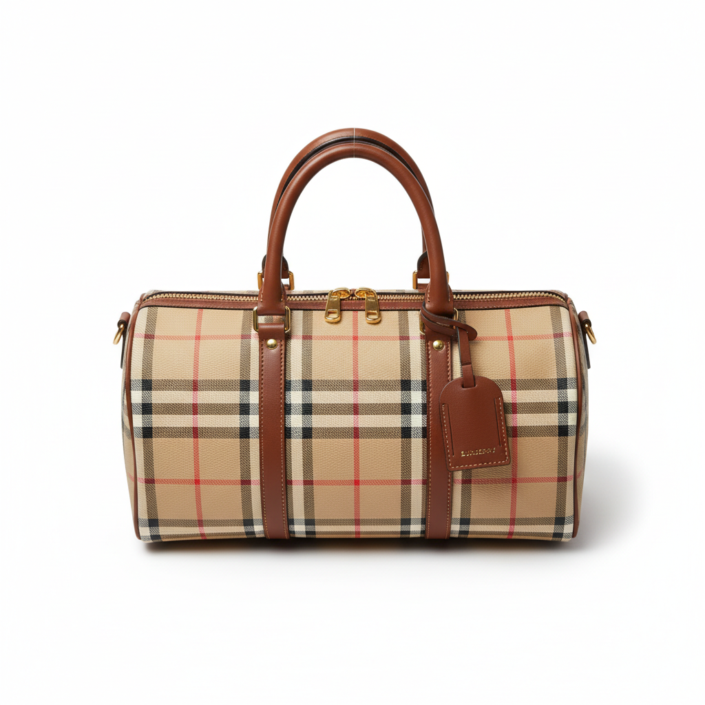 Burberry Vintage Boston Bag Haymarket Coated Canvas - Top Down Flat Lay