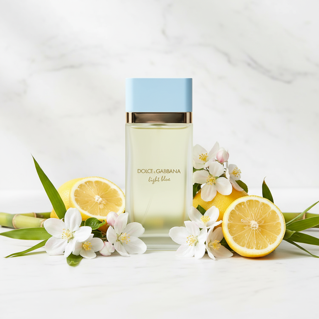 Dolce & Gabbana Light Blue for Women with lemon jasmine and bamboo on marble