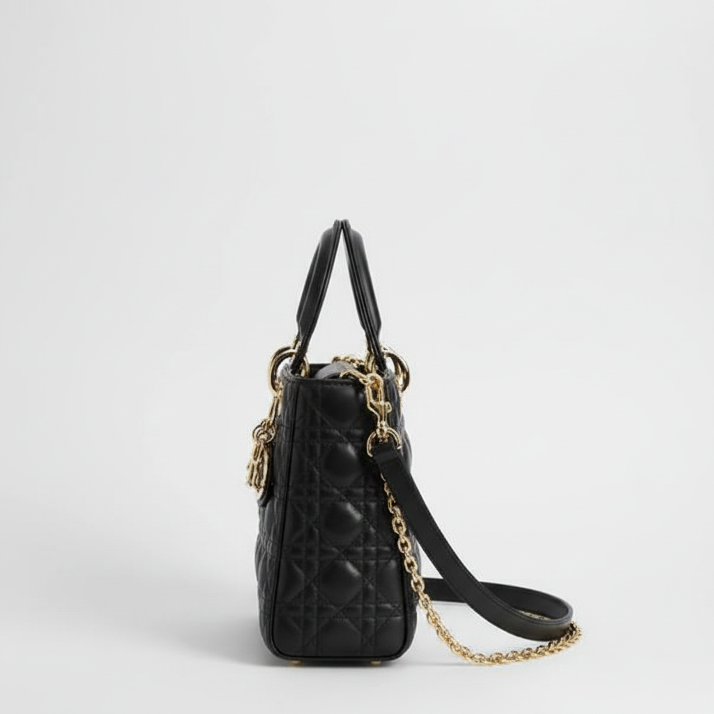 Dior Lady Dior Medium Black Cannage Gold - Side Profile