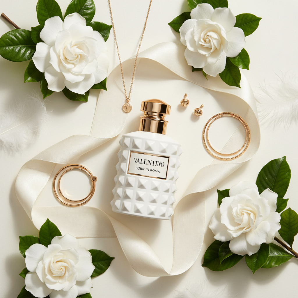 Valentino Donna Born in Roma Ivory flat lay with gardenias and gold jewelry