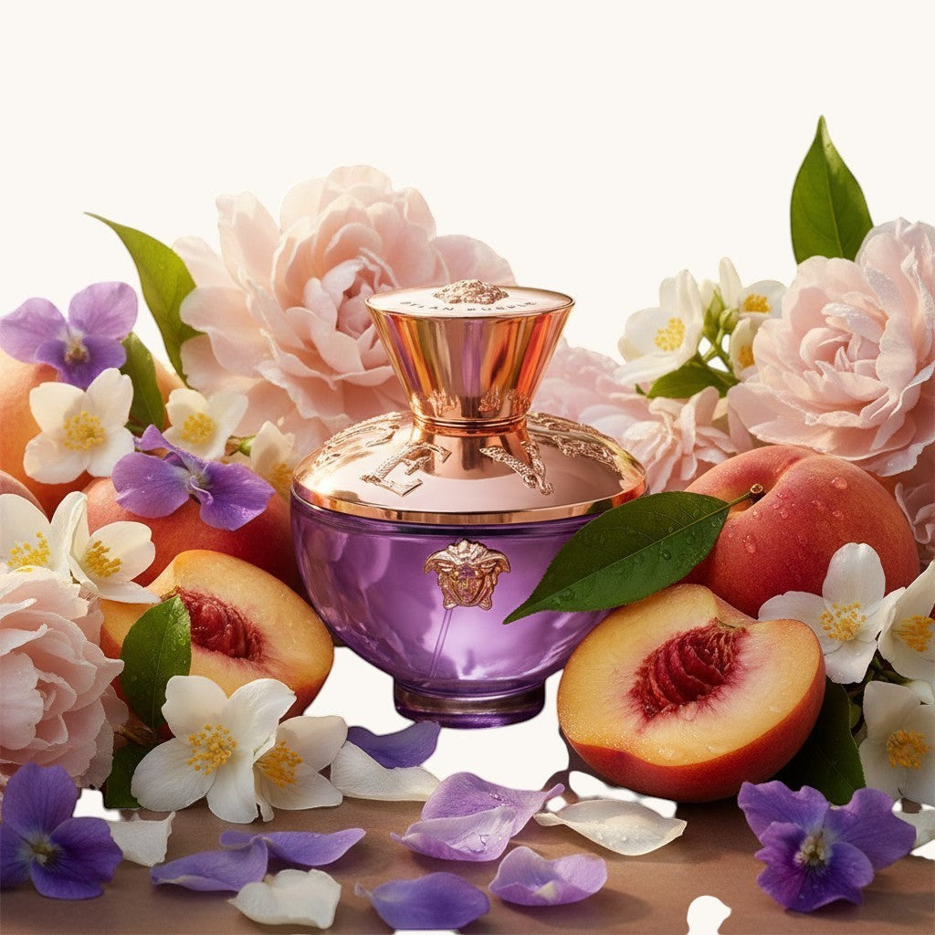 Luxours Dylan Purple Eau de Parfum 100ml bottle surrounded by peaches, jasmine, and roses.